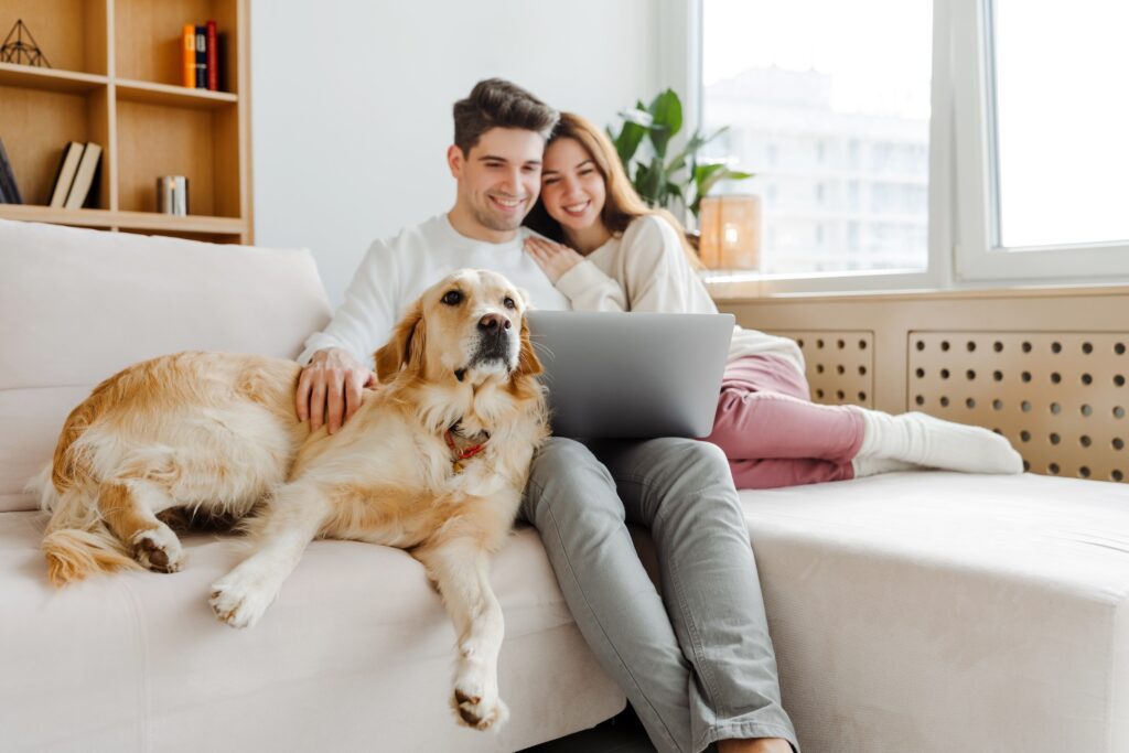 Happy couple sitting on a sofa with their golden retriever